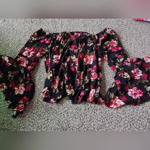 Forever 21 Black and Pink Ruched Off-Shoulder Blouse